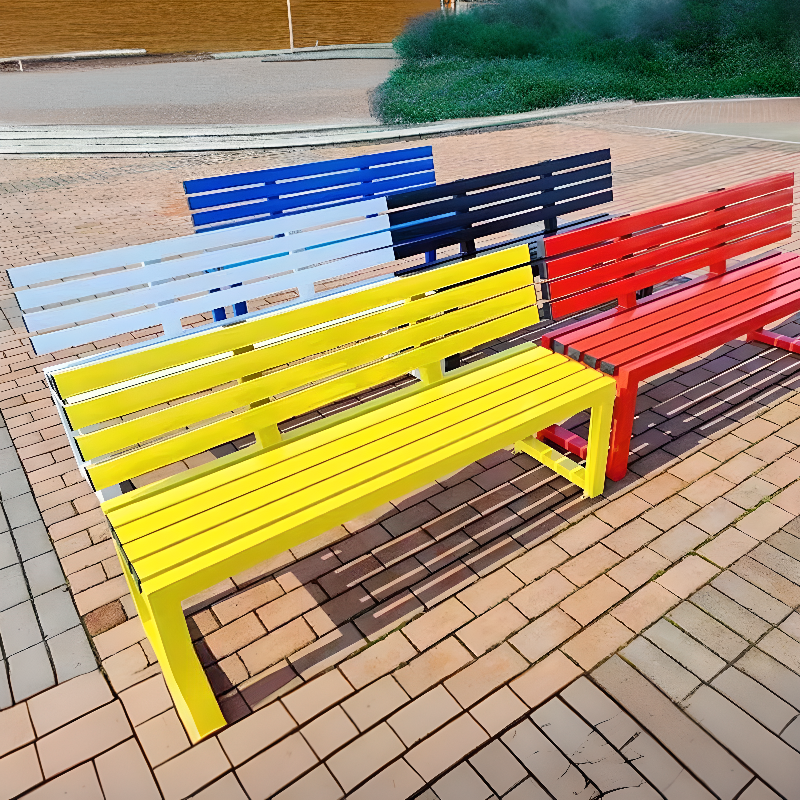 Casual Water-resistant Alloy Patio Bench with Black/Carmine/Azure Seating and Back