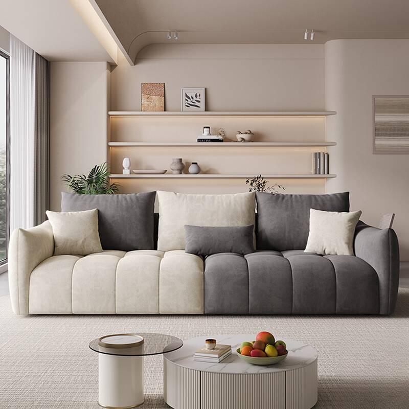 Minimalist Pine Off-White/Grey/Peony Floor Sofa 3-seater with Wide Pillow Back & Square Arm, Sitting Room