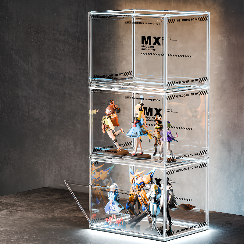 Plastic & Acrylic Standard Display Stand with 1 Shelf/5 Shelves/4 Shelves, Single Door/5 Doors/4 Doors, Illuminating & 1 Cabinet/5 Cabinets/4 Cabinets