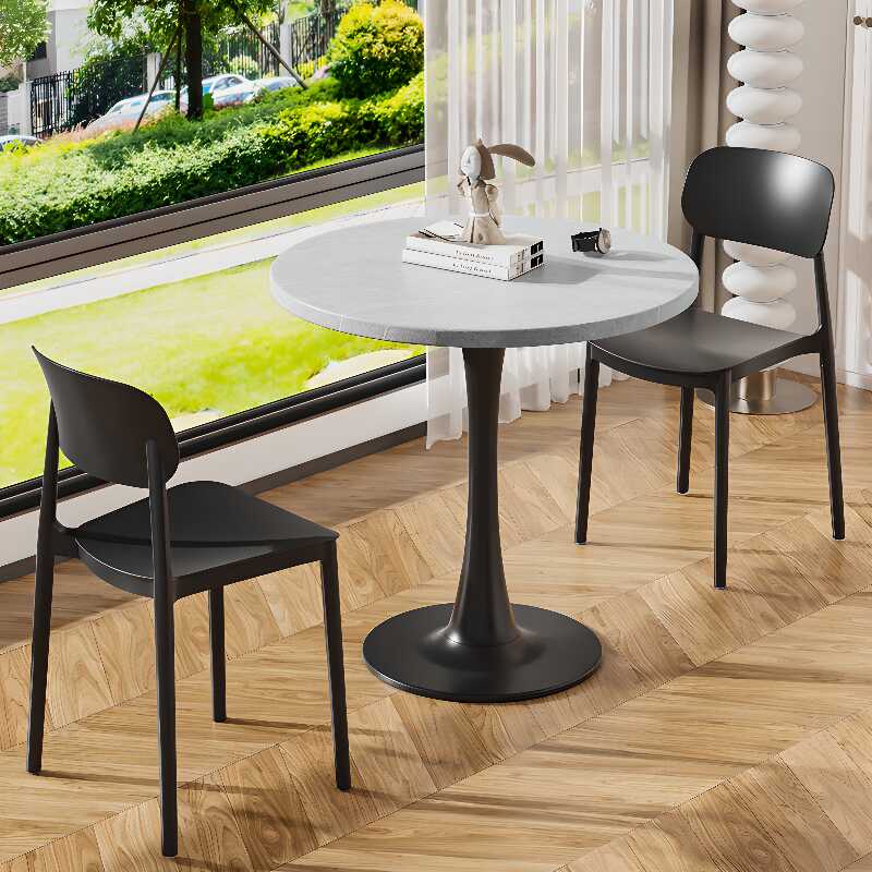 Modish Circular Slate Dining Table Set with Tulip Blossom Base, Fixed Table in Midnight Black/Dove Grey/Chalk