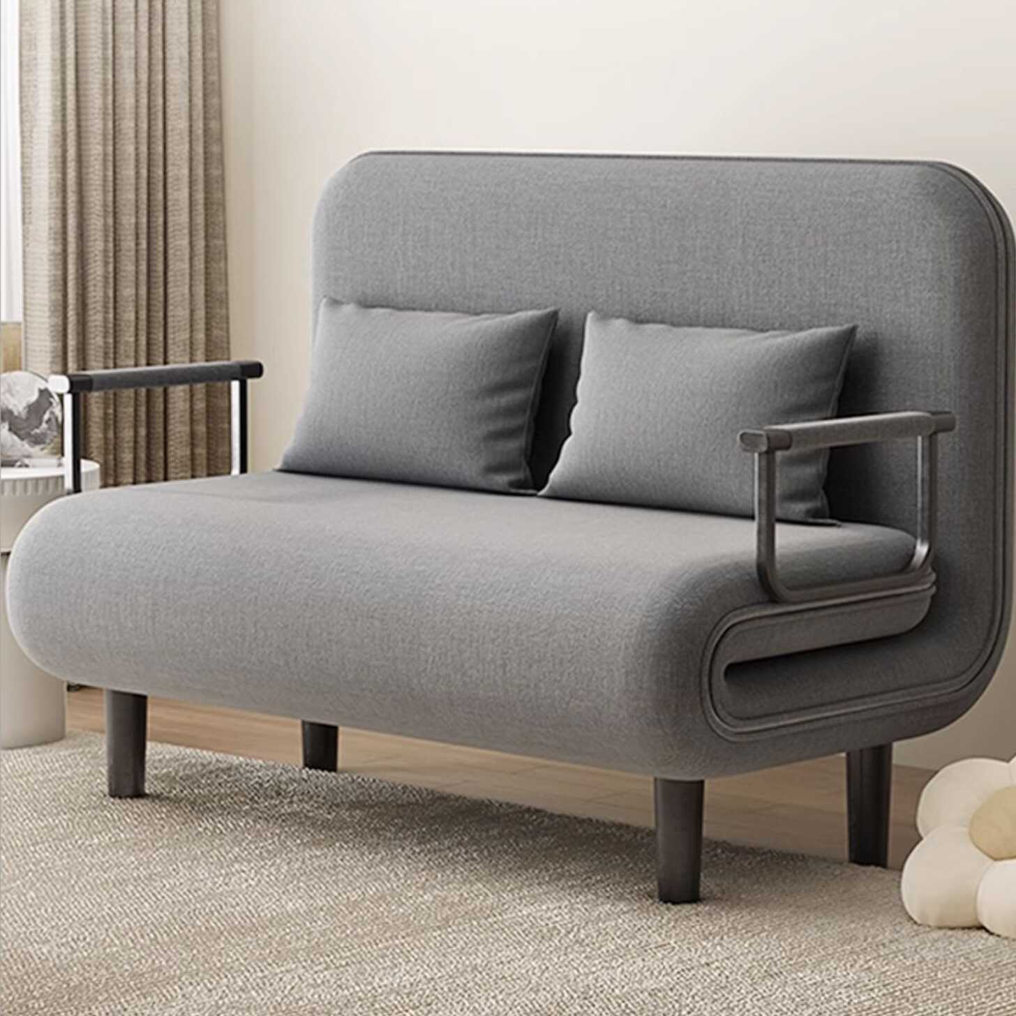 Cerulean/Grey/Auburn Sponge Twin Size Folding Futon Sofa Bed Loveseat with Pillow Back, Square Arm & 2 Pillows