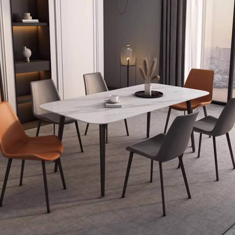 Padded Chair Rectangle Chalk Stone Dining Table Set for 6 People/4 Chairs with Solid Back Panel