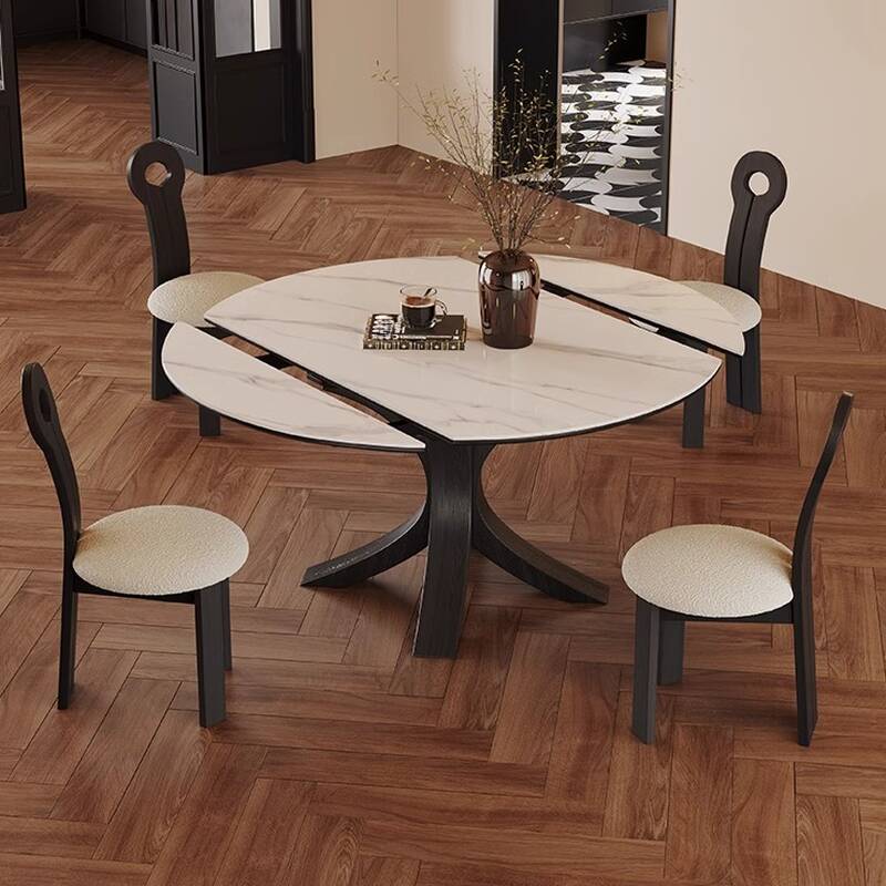 Circular Sintered Stone Dining Table Set with Pedestal Base, Fold-in Leaf, and Back Seats for 4 to 6