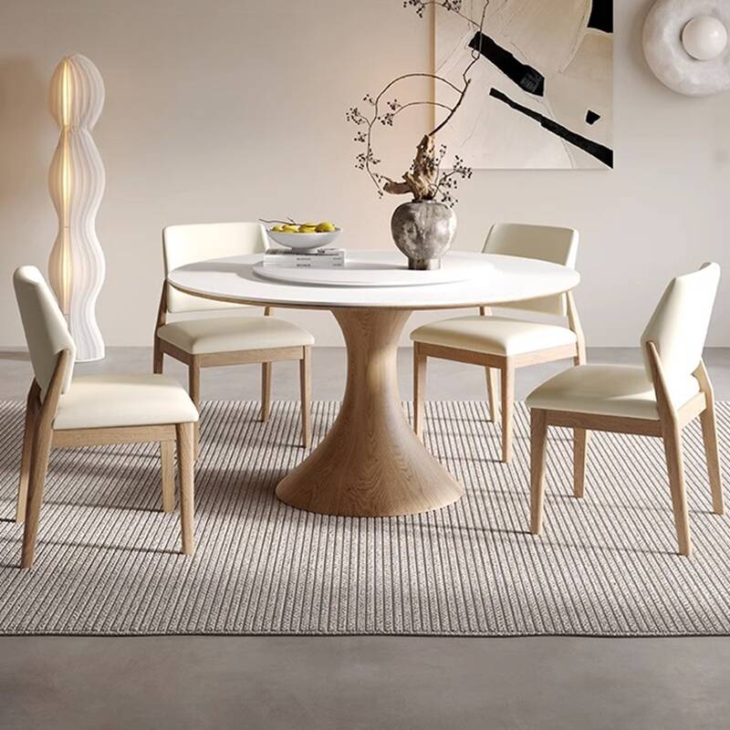 Padded Chair Circular Sintered Stone Dining Table Set with Pedestal and Back, Seats 6 People/Dining Table for 4