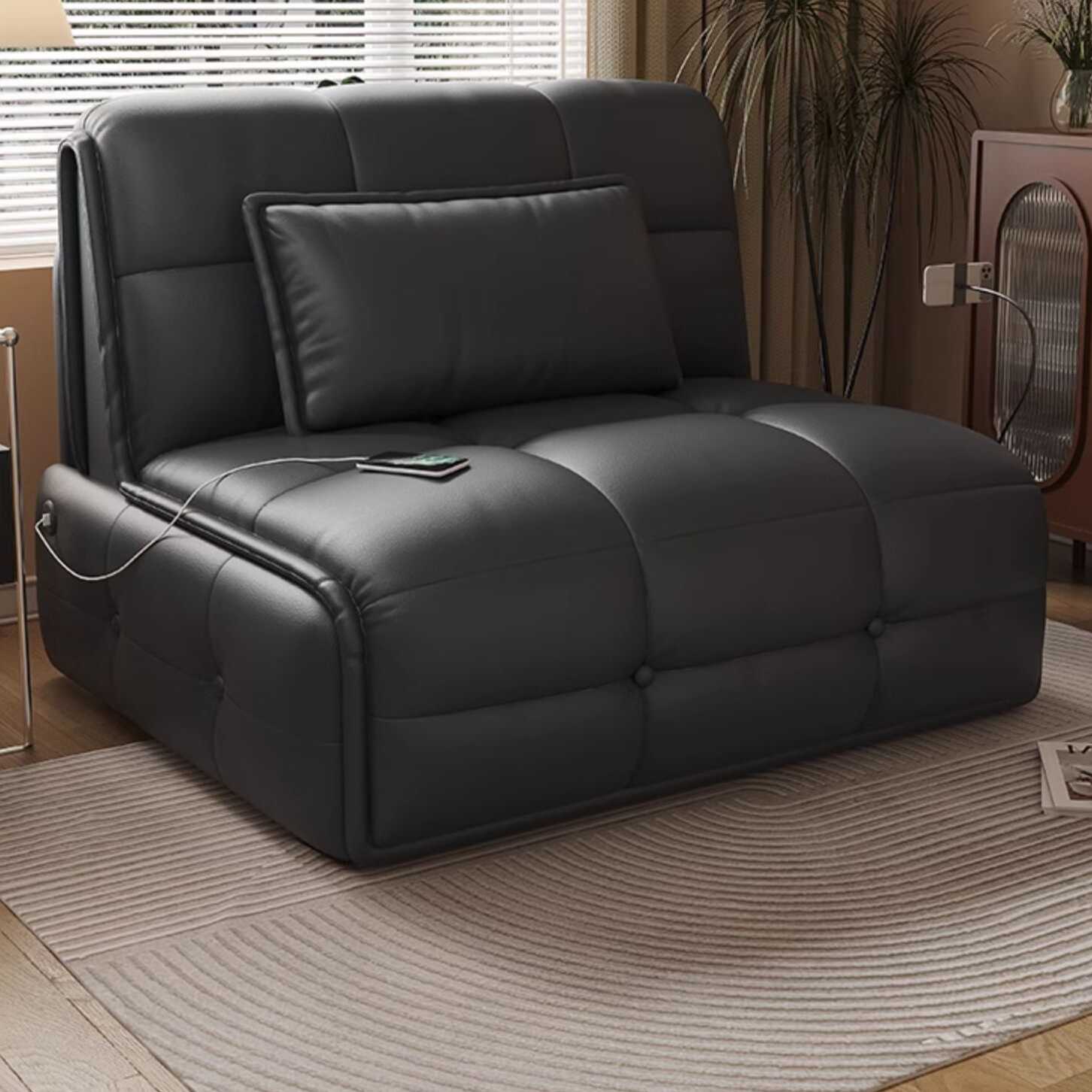 Electric Midnight Black Futon Armchair with Tufted Back and USB Ports