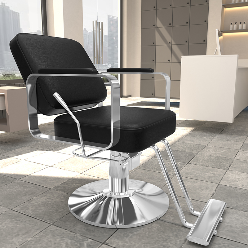 L-Shape Solid Colour Upholstered Leather Barber Chair with Scratch-repellent Alloy/Stainless Steel Frame and Manual Recline