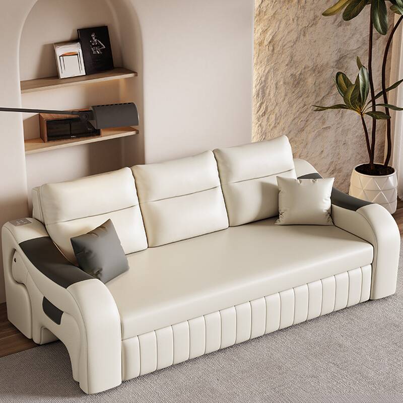 Beige Sleeper Futon California King Size/King Size/Queen Size 2 People/3 People/for 4 with Receptacle, Sloped Arm & 2 Pillows, Scratch-shielded