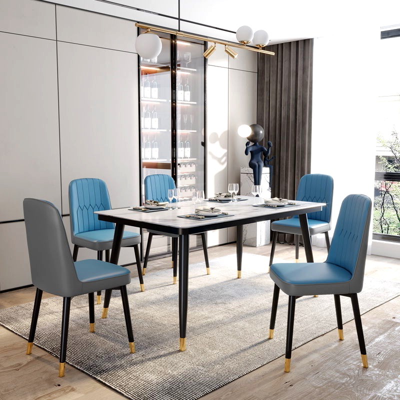 Chalk Vitreous Dining Table Set with Full Back Cushion Chair, Four Legs Dining Table for 4