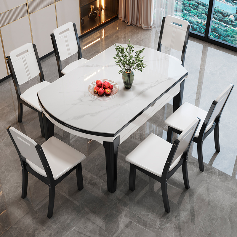 Modish Circular Dining Table Set with Sintered Stone Top, 4 Legs, Concealed Leaf, and Chalk Colour for 4/6 People