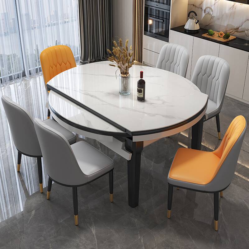 Circular Sintered Stone Dining Table Set with Concealed Leaf, Padded Chairs, and Back Support for 6 People