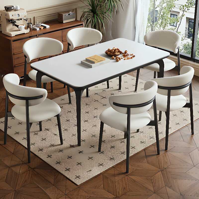 Upholstered Chair Chalk Stone Dining Table Set with 4-Leg and Back, Seats 6/4 Chairs