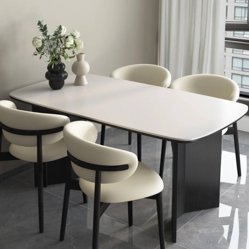 Chalk Seats 6/4 Chairs Dining Table Set with Sintered Stone Dual Footing Table & Back Cushion Chair