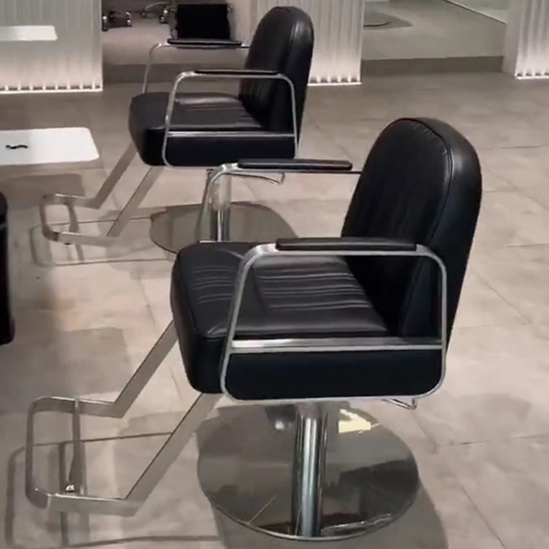 Stainless Steel L-Shape Solid Colour Stain Resistant Barber Chair with Upholstered Leather & Full Back & Foot Pedestal