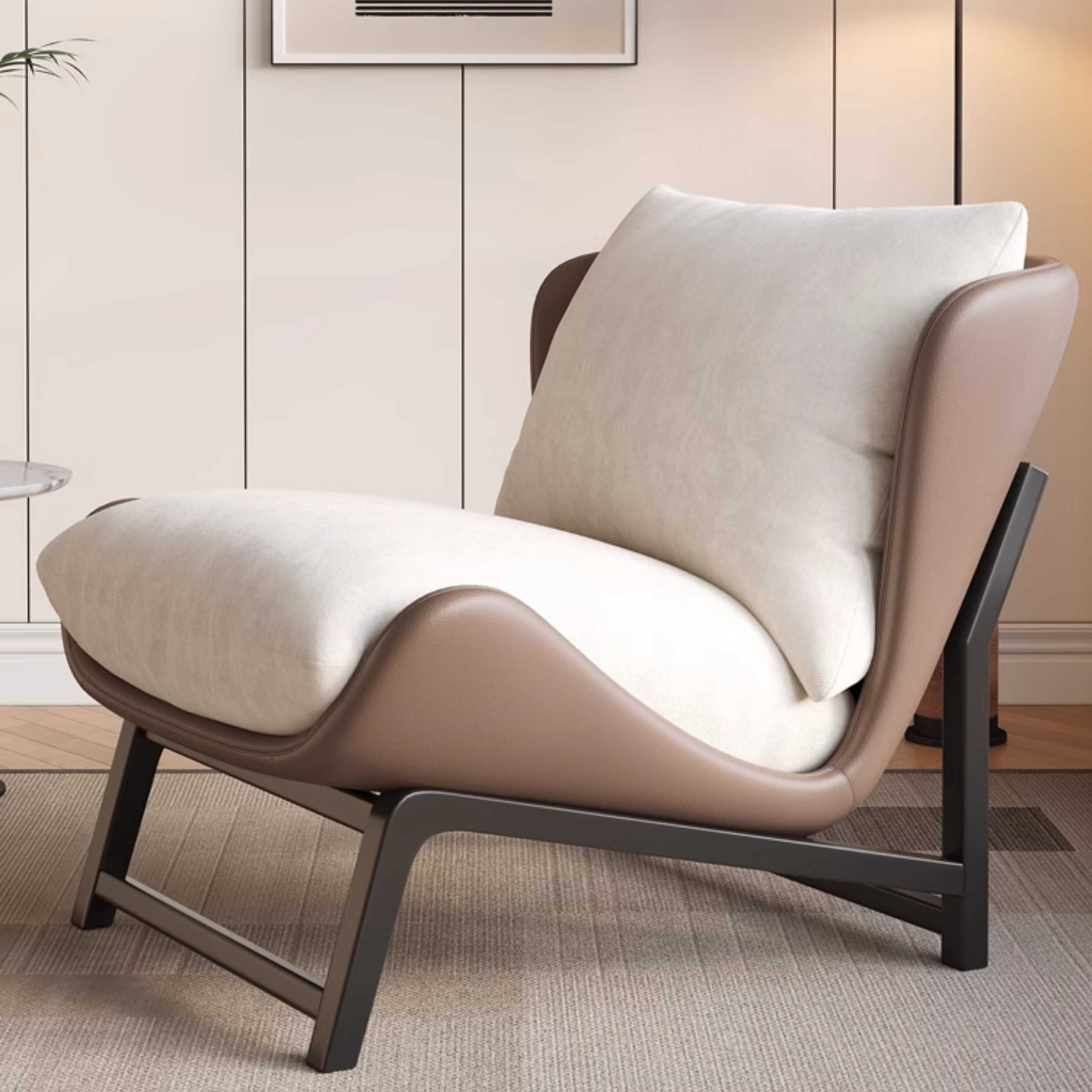 Simplistic Solid Colour Lounge Chair with Loose Back, Dove Grey/Ivory/Cocoa Upholstery, Alloy Frame, and Removable Cushions