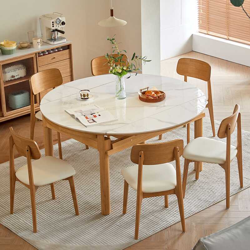 Circular Changeable Dining Table Set with Back Padded Chair, 6 People/Dining Table for 4 with Concealed Leaf