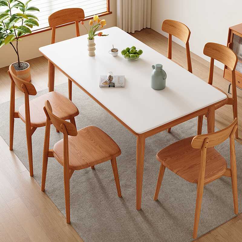 Elegant Dining Table Set with Sintered Stone Top, 4 Legs, Fixed Table Mechanism, Back Chairs, Suitable for 4/6 People, in Chalk Colour