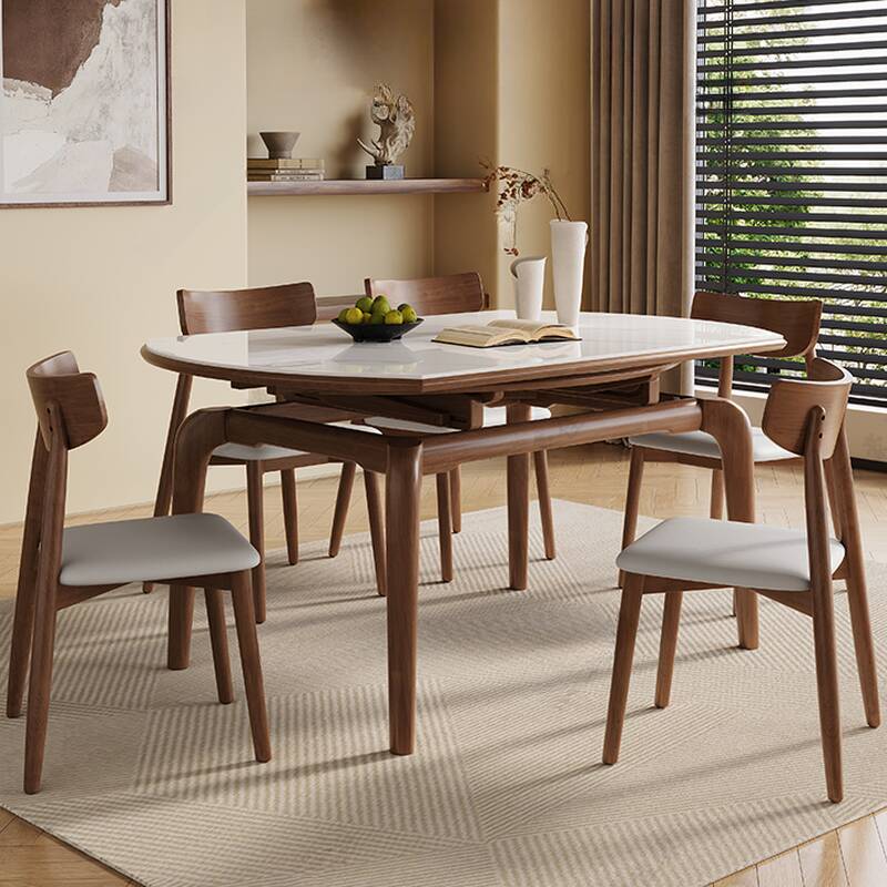 Rounded Sintered Stone Dining Table Set with Concealed Leaf, Padded Chairs, Back Support, Seating for 6 or 4