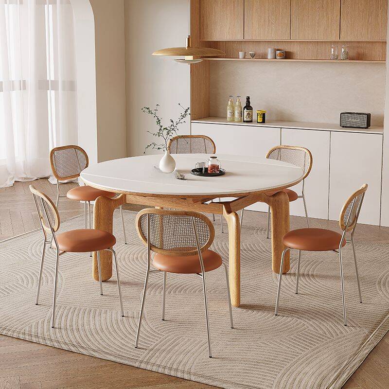 Stone Circular-shaped Dining Table Set with Fold-away Leaf, Upholstered Chair and Back Dining Table for 6/4 Chairs