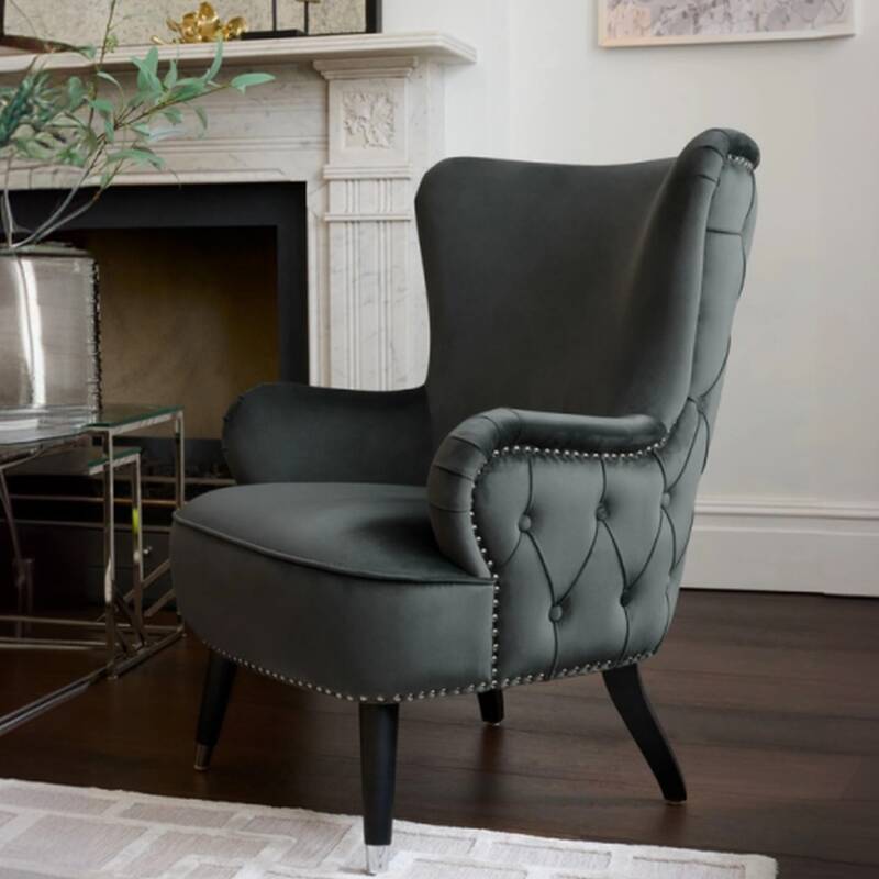 Retro Blue/Cocoa Wingback Chair with Tight Back, Arms, Four Legs, Nailhead Border, and Tufted Detail