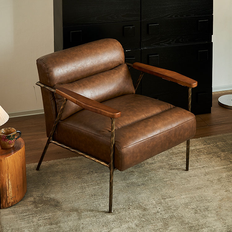 Art Deco Solid Colour Arm Chair with Fixed Back, Sepia Upholstery, Armrest, and Four Legs Foam Seat