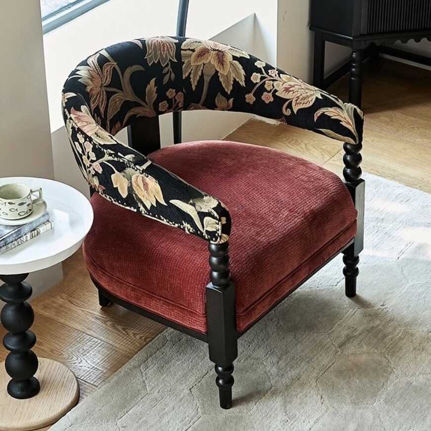 Floral Pattern Ash Wood Arm Chair in Vermilion