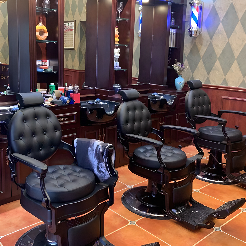 Barber Chair with Upholstered Leather, Solid Colour, Ventilated Back, Stain Resistant, Manual Recline, and Flexible Adjustability