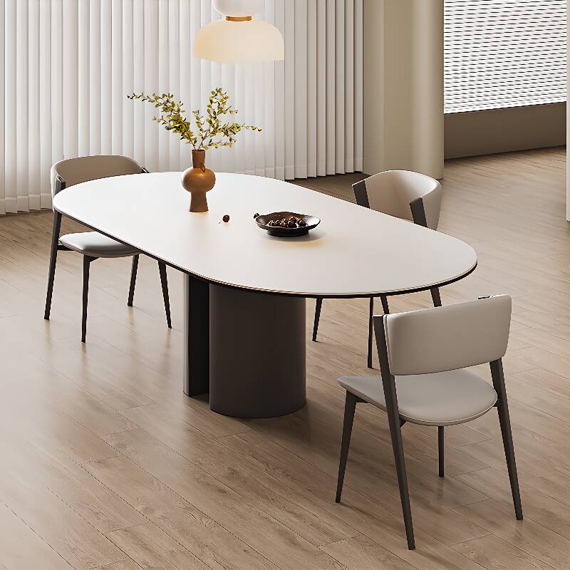 White Elliptical Dining Table Set with Single Pedestal Base Table and Open Back Padded Chair for 4 People/6 People