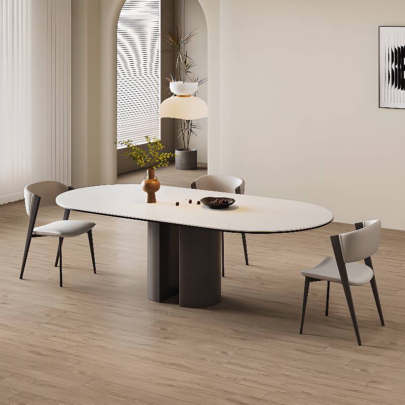 White Elliptical Dining Table Set with Single Pedestal Base Table