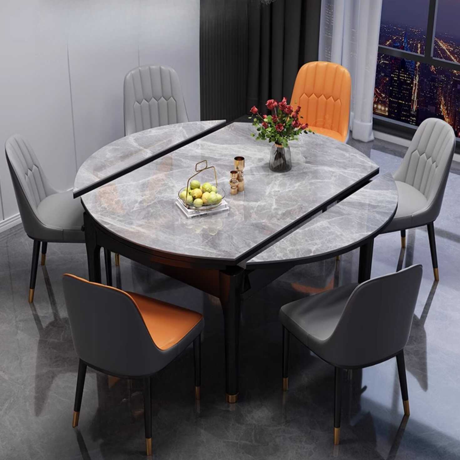 Art Deco Orbicular Slate Dining Table Set with Extension, Four Legs, and Collapsible Leaf in Dove Grey/Chalk