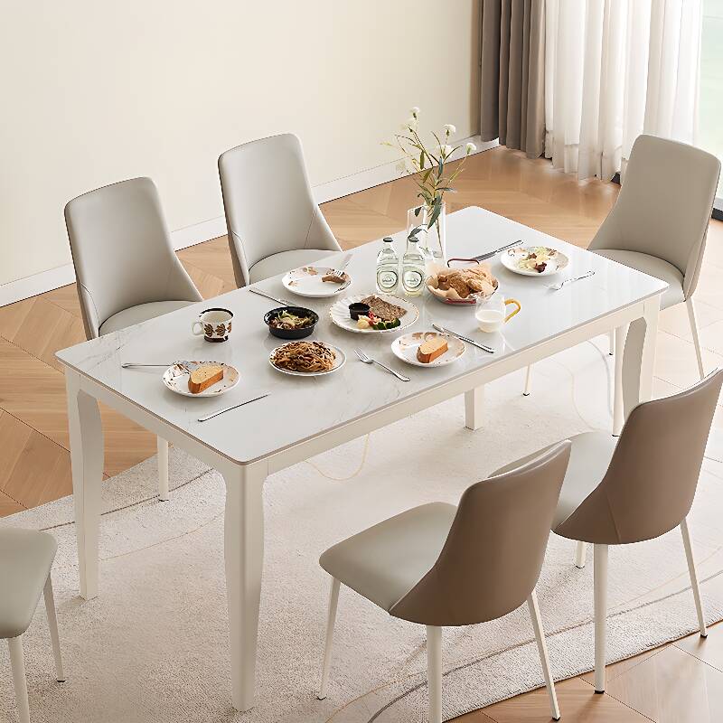 Rectangle Dining Table Set for 6/for 4 with a White Slate Tabletop, Upholstered Chair and Upholstered Back in a Trendy Style