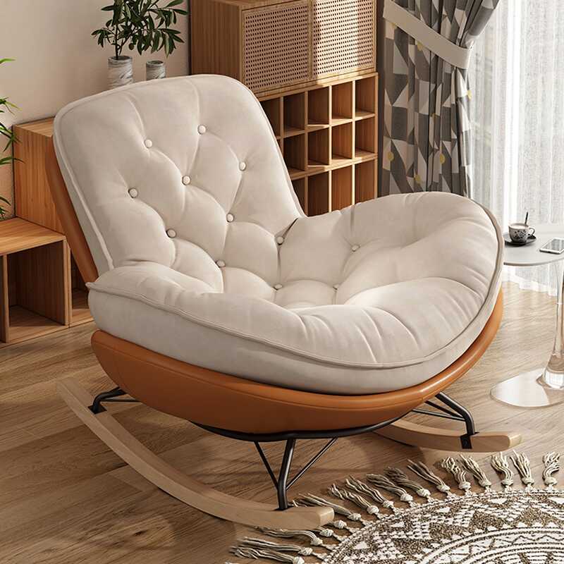 Trendy White Lounge Chair with Tufted Back, Toboggan Base, Reclining, Rocking