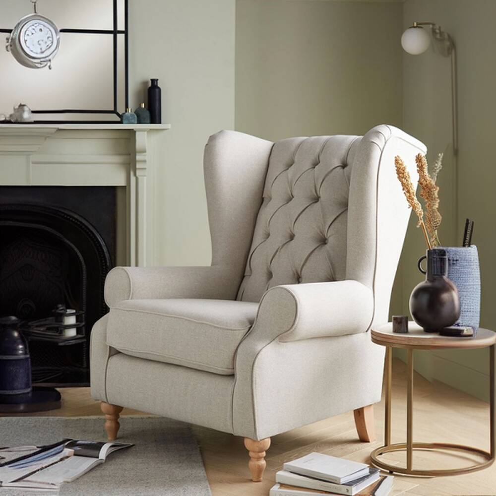 Old School Cream/Sepia Solid Colour Lounge Chair with Armrest, Tufted Back and Removable Cushions