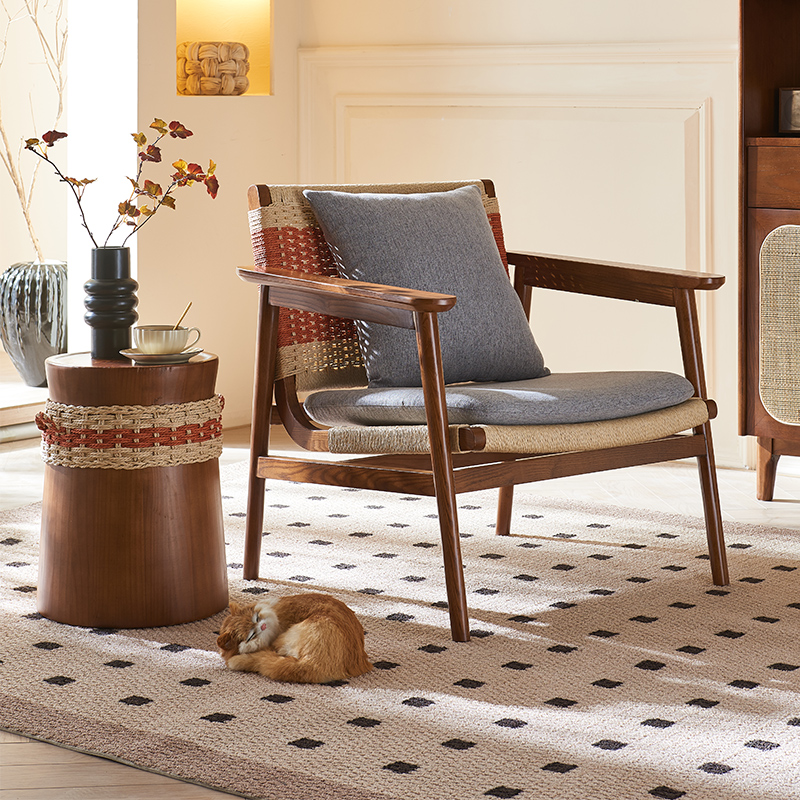 Simplistic Ash Wood Arm Chair with Woven Back and Grey Upholstery, Four Legs, Armrest, Removable Cushions