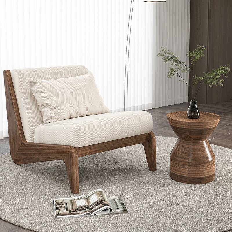 Solid Colour Retro Lounge Chair Ash Wood Cream with Pillow Back and Pillow