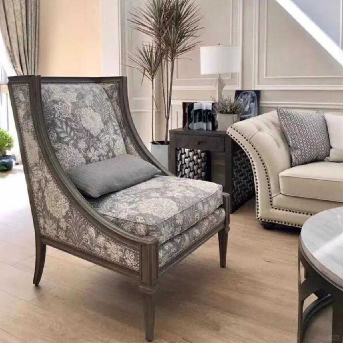 Coastal Floral Pattern Accent Chair with Nailhead Border