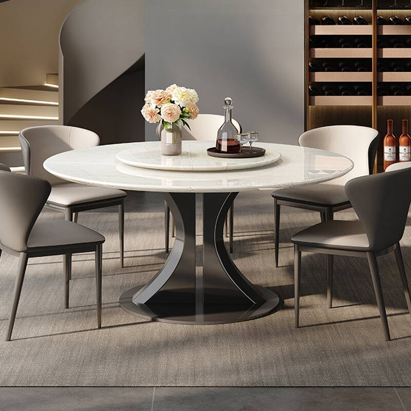 Orbicular Dining Table Set with Stump Base, Upholstered Cushion Chairs, Seats 6, and Turned Swivel