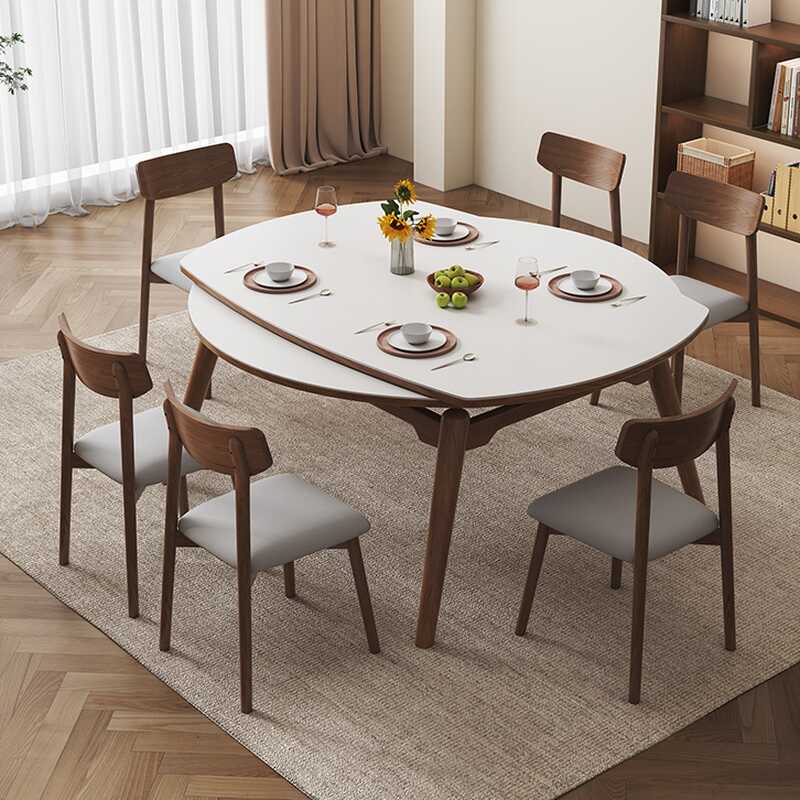 6 Chairs/4 Chairs Included Rounded Dining Table Set Extension with Hiding Leaf, Back and Cushion Chair