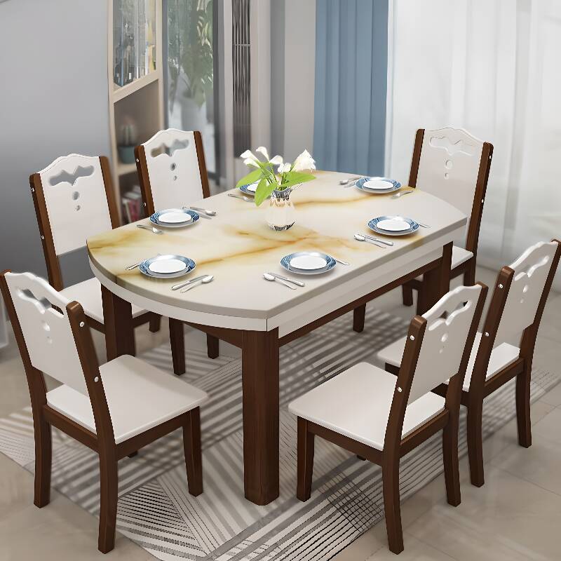 Contemporary Dining Table Set with Orbicular Genuine Marble Top, Four Legs Base, Collapsible Leaf Mechanism, and Multicolour Finish