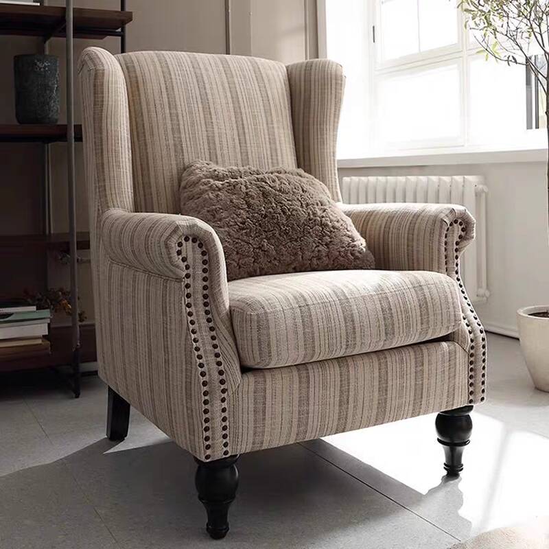 Modish Decorative Nailhead Cocoa Accent Chair with Striped Fixed Back, Arms and Pillow