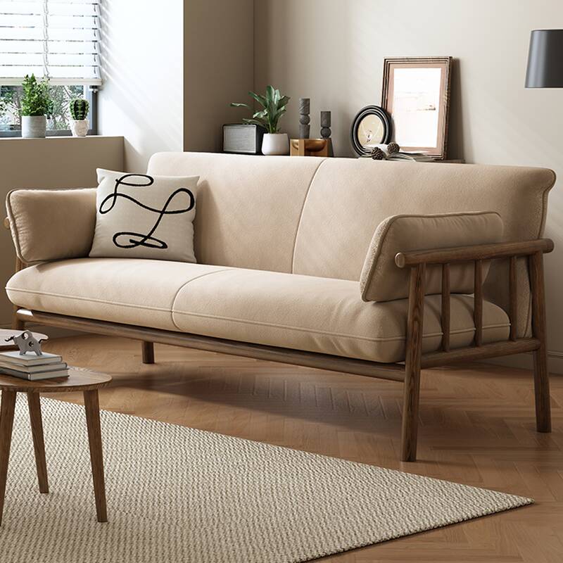 Sitting Room Sofa Couch with Natural Wood, Espresso Upholstery, Armrest, and Removable Cushion