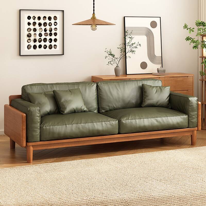 Minimalist Lime Green Scratch-durable Sofa/Loveseat with Wood Square Arm, Wide Pillow Back and 3 Pillows for 5/for 4/Seats 3