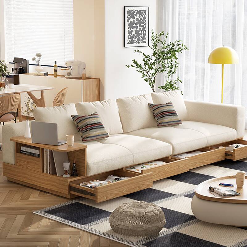 Sleek Ash Wood Off-White Sofa Couch with Hidden Storage and Removable Cushion