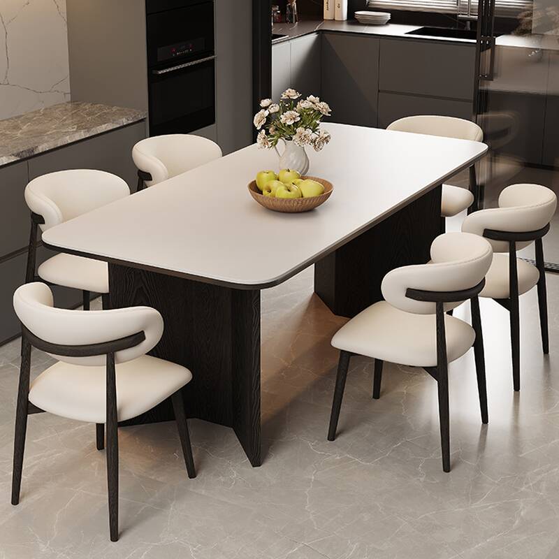 White Stone Dining Table Set with Seats 4/6 Chairs, Back Upholstered Chair, Dual-base Table