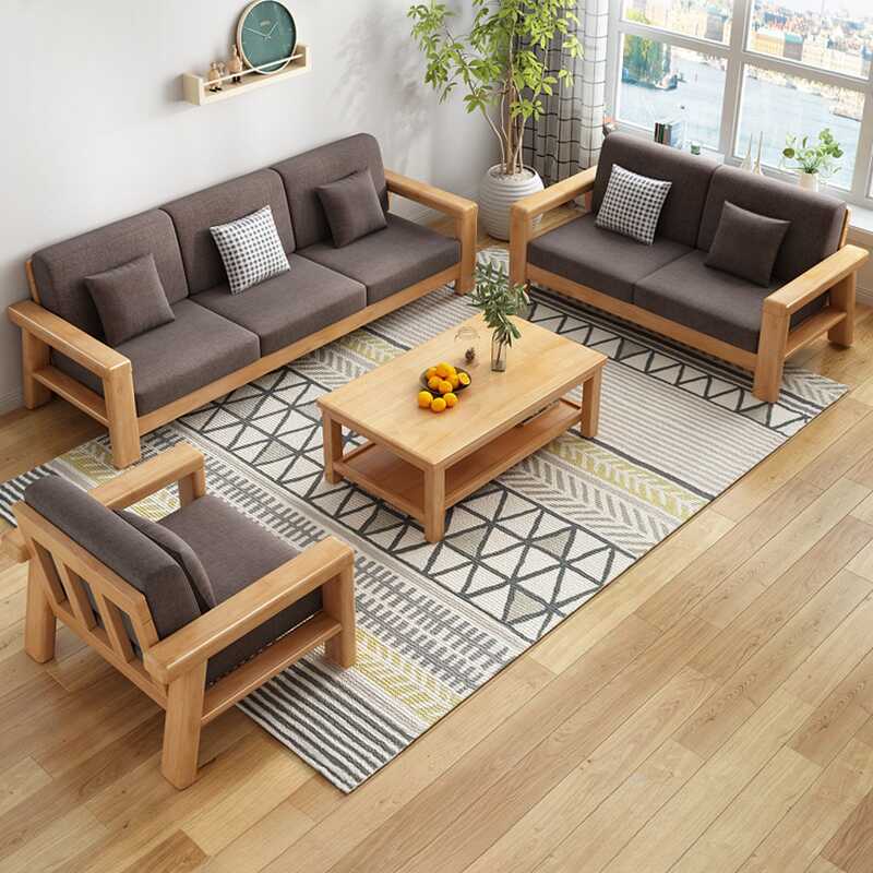 Grey Natural Wood Sofa Couch with Ottoman, 3-5 Pillows, and Removable Cushion