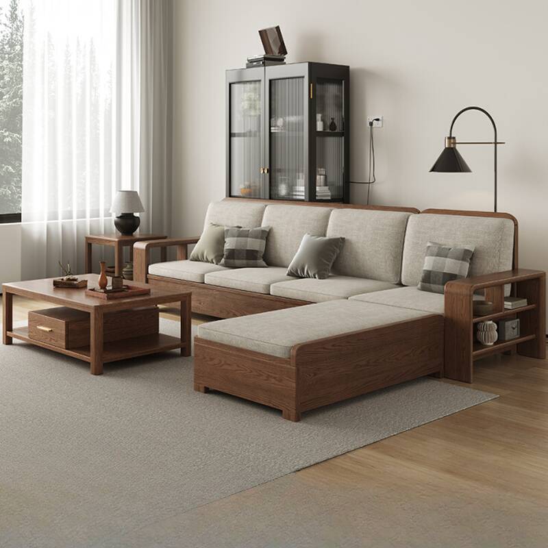 Ash Wood Off-White Sofa Couch with Ottoman, Hidden Storage, and Removable Cushion, Accompanied by Multiple Pillows