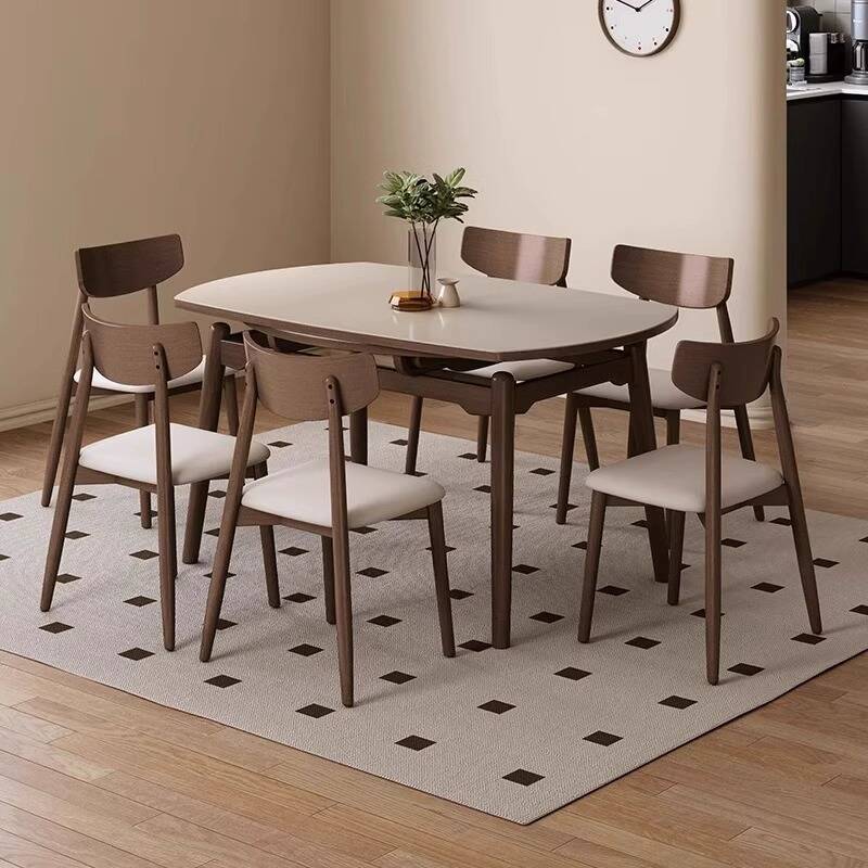 Casual Circular Stone Dining Table Set with Four Legs and Self-Storing Leaf, Seats 6, Chalk Colour