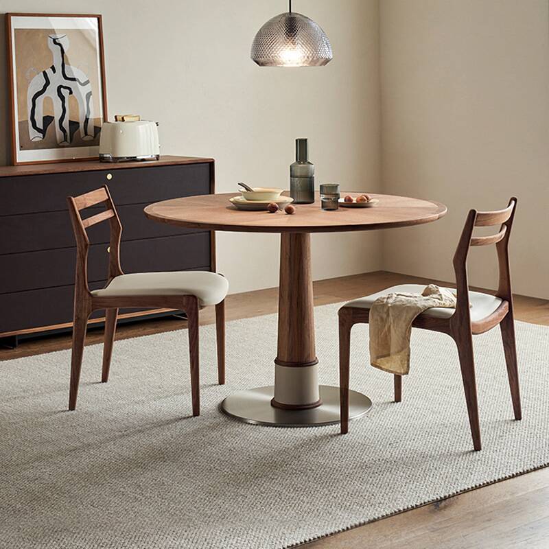 Circular-shaped Solid Wood Dining Table Set with Stump Base, Upholstered Chairs for 6/4 People, Brown Top