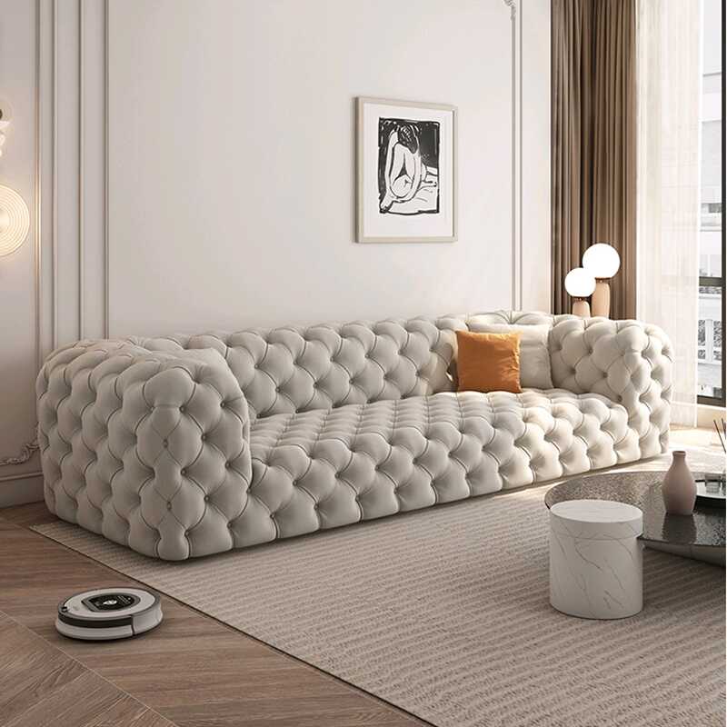 Light Blue/Olive Green/Off-White Sofa Couch with 3 Pillows and Concealed Support