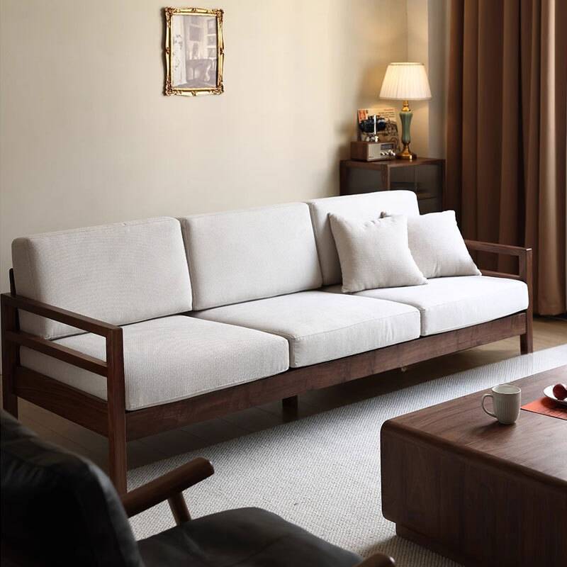 Vintage Style Off-White Sofa Couch for Sitting Room with Walnut Wood and Removable Cushion