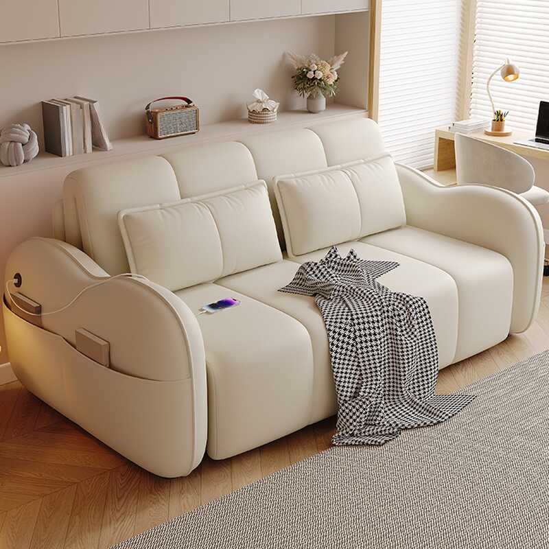 Rainproof Ivory Futon Sofa Bed for 3 with Container Storage, Sloped Arm, 2 Pillows, and Versatile Bed Size Options